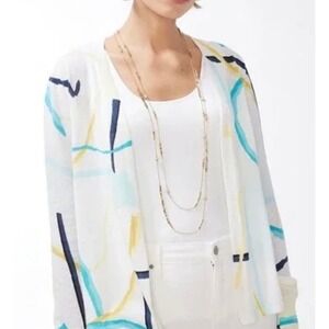 Chicos Open Front Cardigan Sweater Womens Size 4 XXL White Blue Abstract Cotton